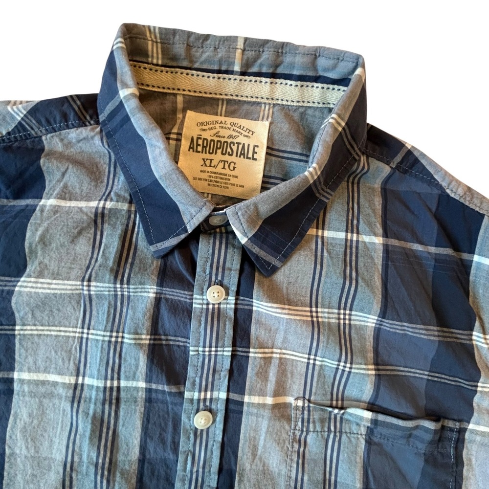 Aeropostale Mens XL Blue Grey Plaid Short Sleeve Button Down Shirt Cotton Pocket